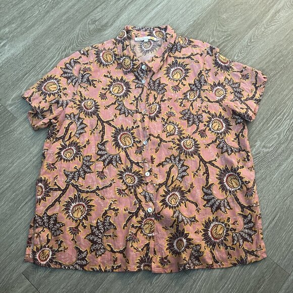C & C California Women’s L Linen Blend Floral Button Blouse Pink Boho Hippie - Picture 1 of 5